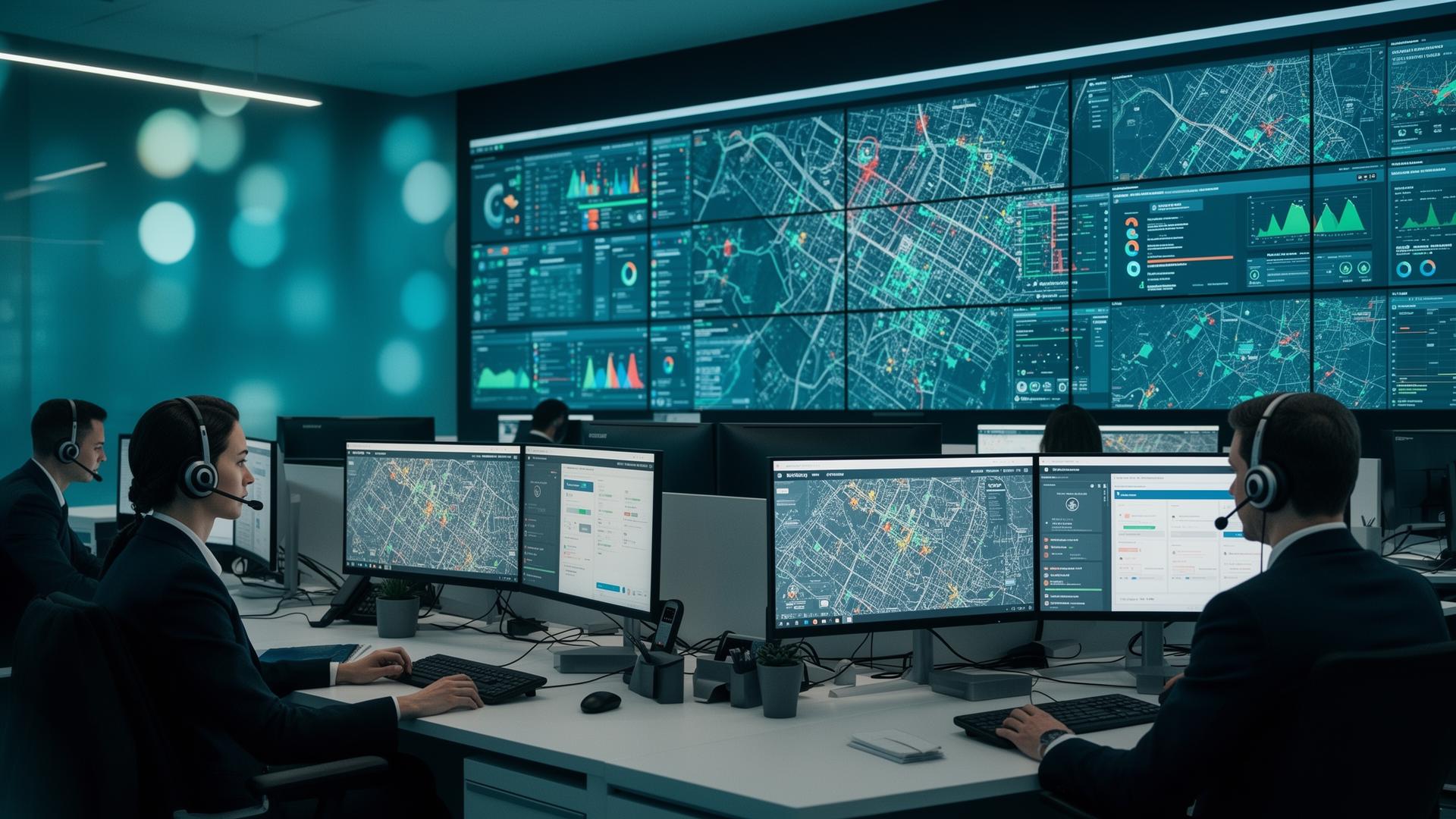Central de atendimento municipal com operadores e painel de monitoramento