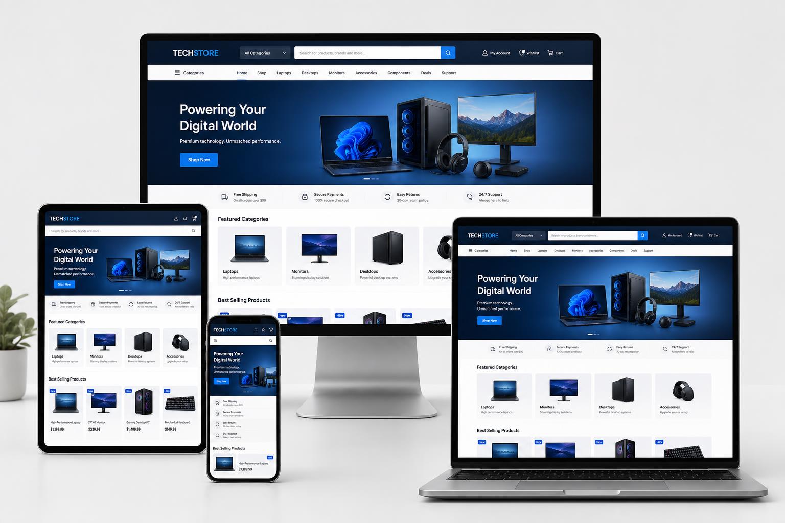 Notebook, tablet e celular exibindo uma interface de site moderna e elegante