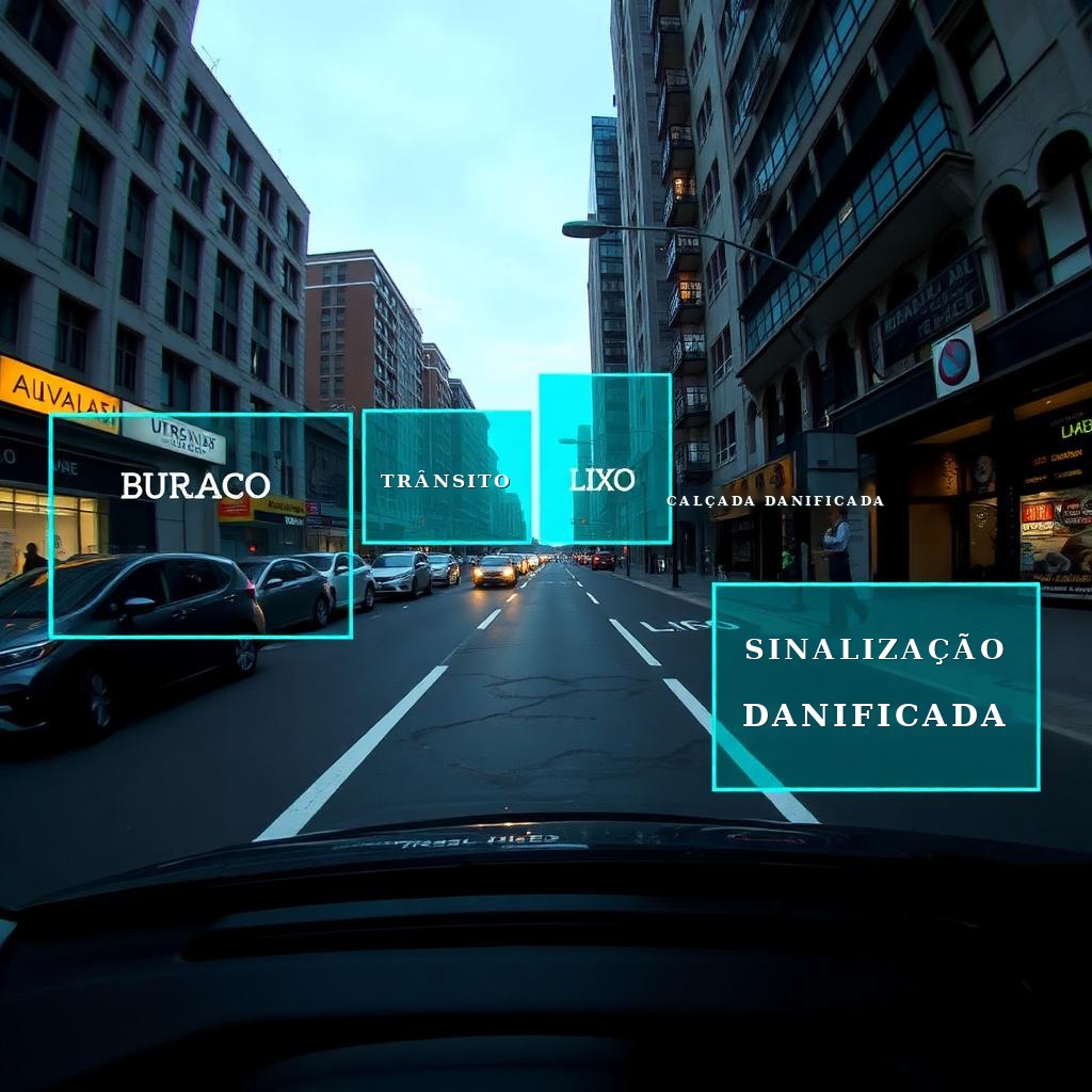 Imagem ilustrativa de via urbana com detecções de IA em bounding boxes